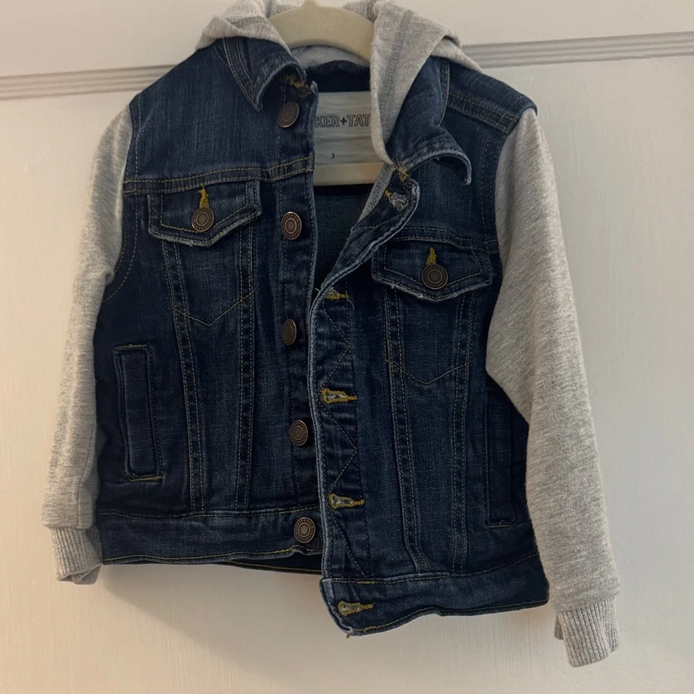 Tucker + Tate Hooded Denim Jacket Gray Knit Sleeves 3T